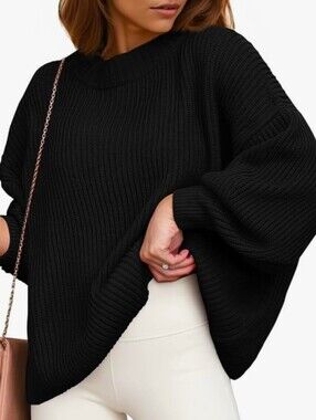 The Drop Black Bell Sleeve Ribbed Crewneck Sweater Open Tail  S